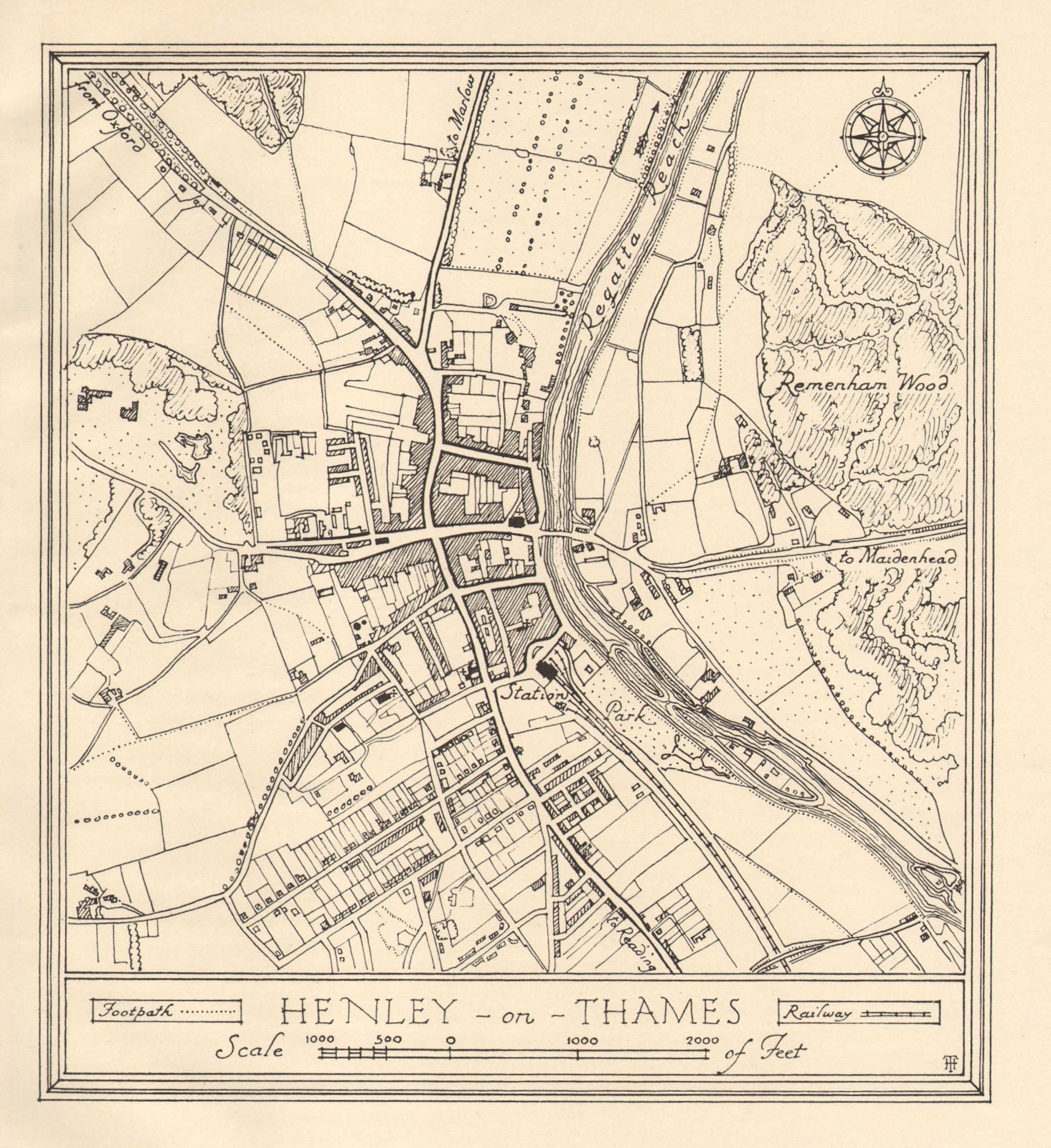 Town plan of HENLEY-ON-THAMES, Oxfordshire.Thames Valley 1929 old vintage map
